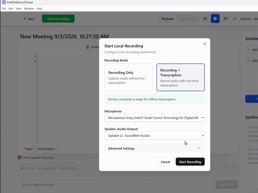 Clicking Start Recording, confirming the green ready for offline transcription line in the dialog, and starting the recording.