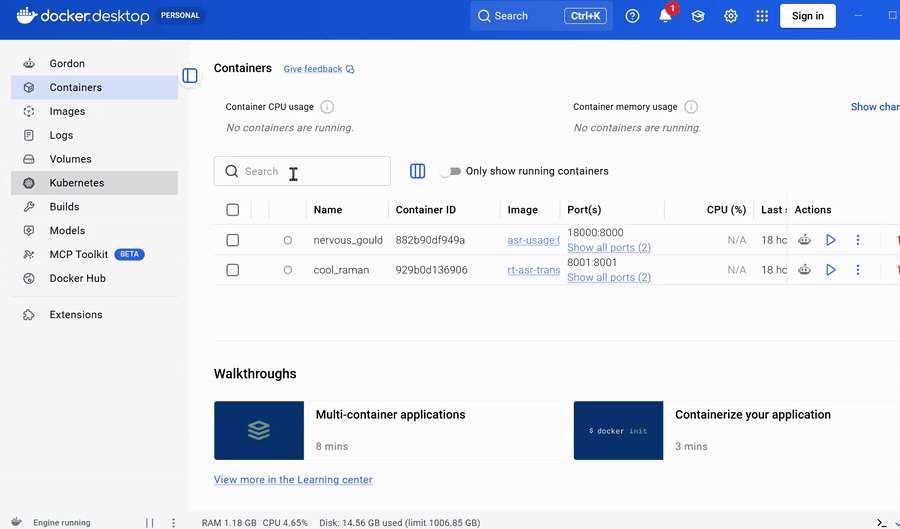 The Containers page in Docker Desktop. Identifying the two containers by the Image column, then pressing Play on both.