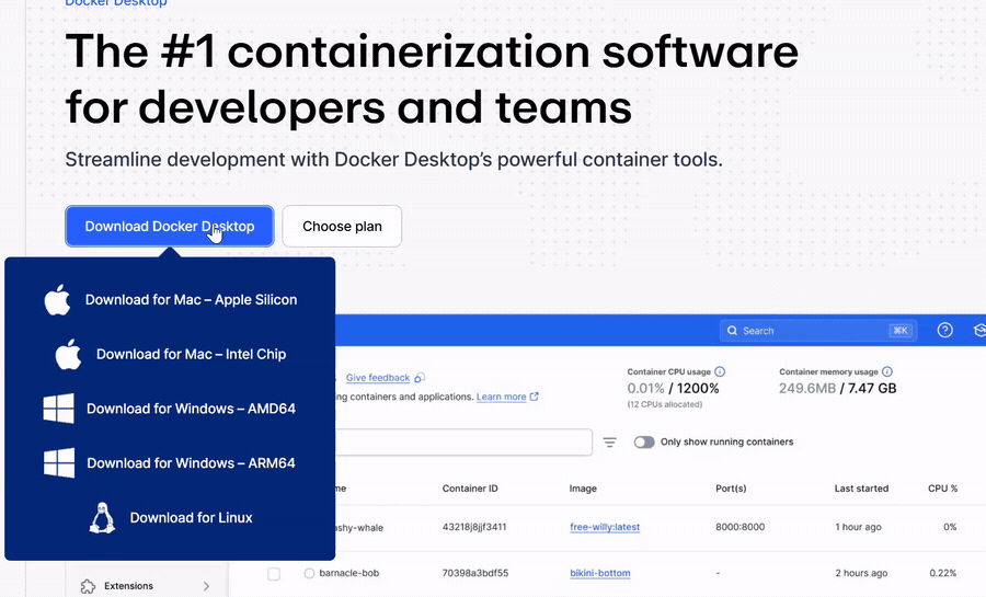 Downloading Docker Desktop for Windows AMD64 from docker.com.