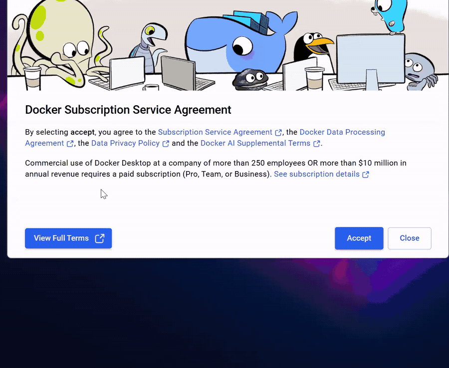 Accepting the Docker Desktop license agreement and skipping the sign in prompt.