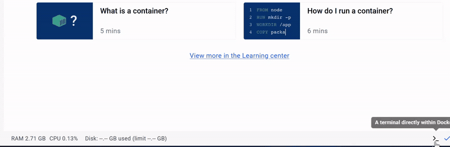 Clicking the terminal icon in the bottom right of Docker Desktop and enabling the terminal.