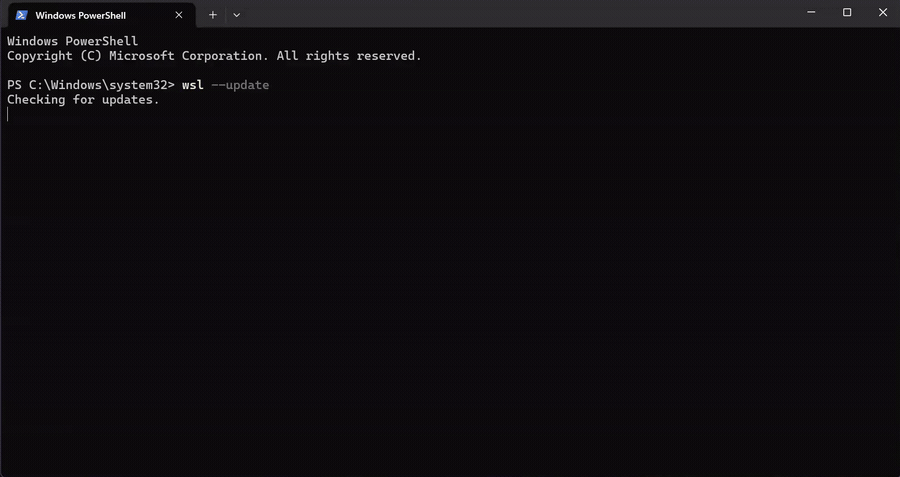 Running wsl --update in Windows PowerShell and watching it complete.