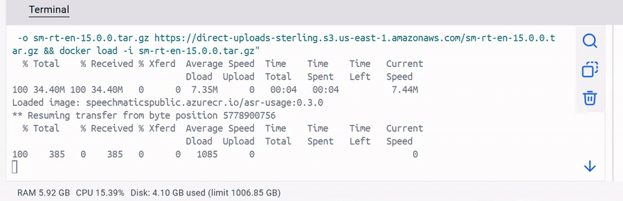 The Docker Desktop Terminal downloading the transcription model with a time remaining counter.