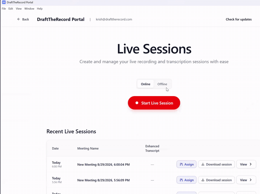 Opening a live session in DraftTheRecord and reaching the Start Local Recording window.