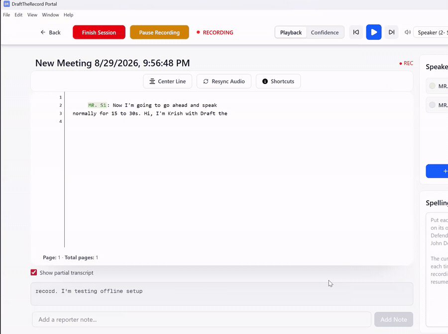 Live transcript text appearing on screen during the offline test recording.