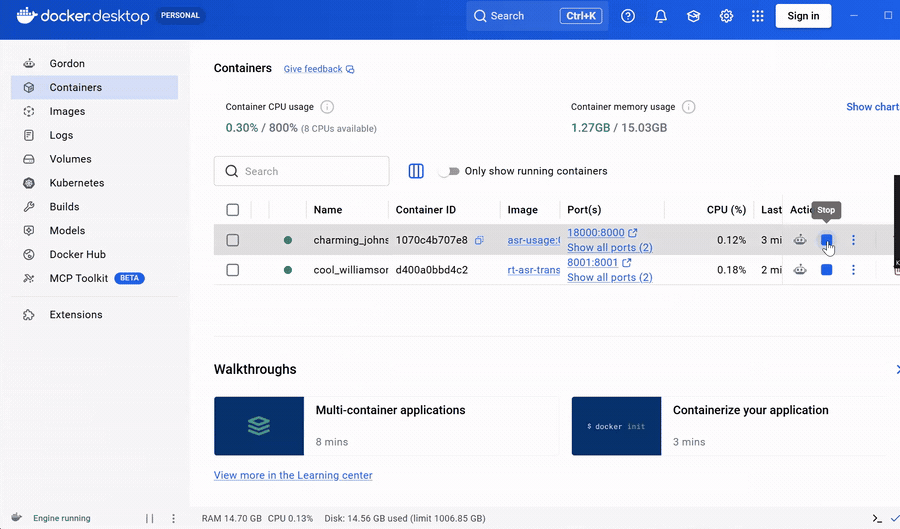 Pressing Stop on both DraftTheRecord containers in Docker Desktop after a proceeding.