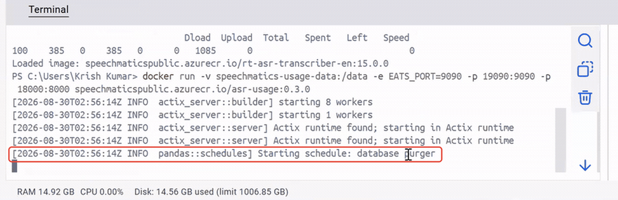 The Docker Desktop Terminal running the supporting service, with the Starting schedule: database purger line boxed in red.