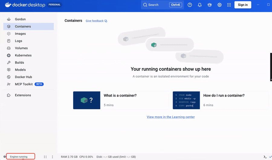 Docker Desktop with Engine running boxed in red in the bottom left corner.
