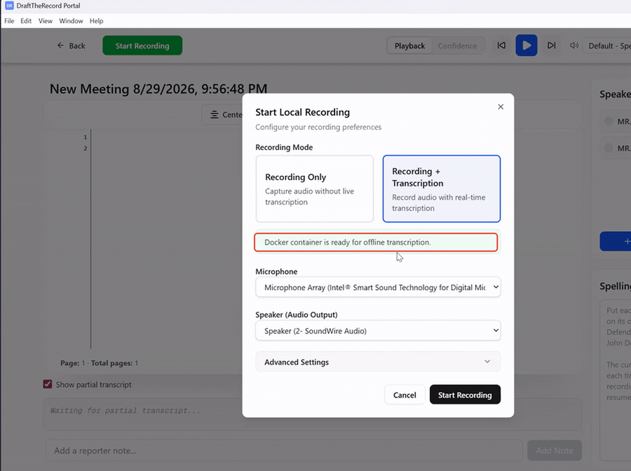 The Start Local Recording window with the green message, Docker container is ready for offline transcription, boxed in red.