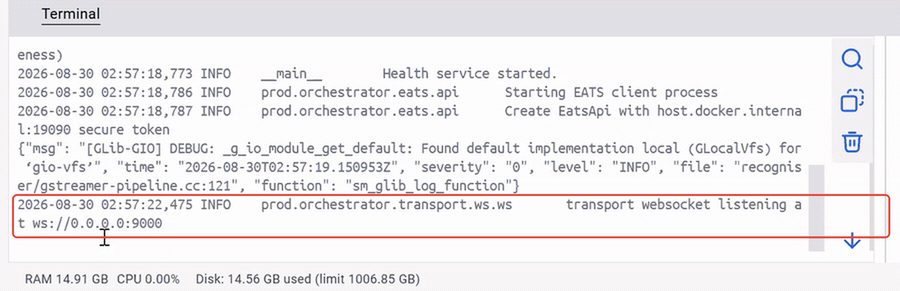 The Docker Desktop Terminal with the transport websocket listening line boxed in red.