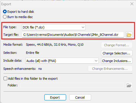 Liberty Player Export window with DCR file type and the target filename outlined in red.