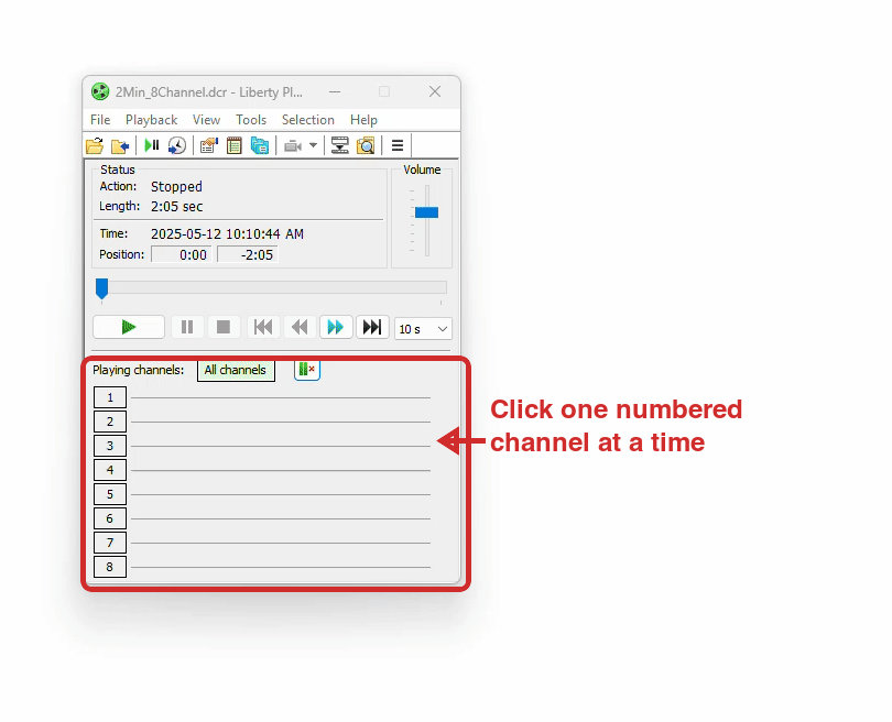 Liberty Player with the numbered Playing channels controls outlined and an arrow instructing the user to click one numbered channel at a time.