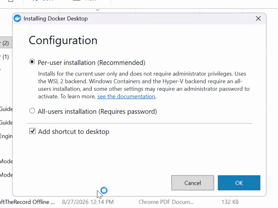 The Docker Desktop installer Configuration screen with Per-user installation selected and Add shortcut to desktop ticked.