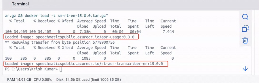 The Docker Desktop Terminal at the end of the download, with both Loaded image lines boxed in red and the prompt back to empty.